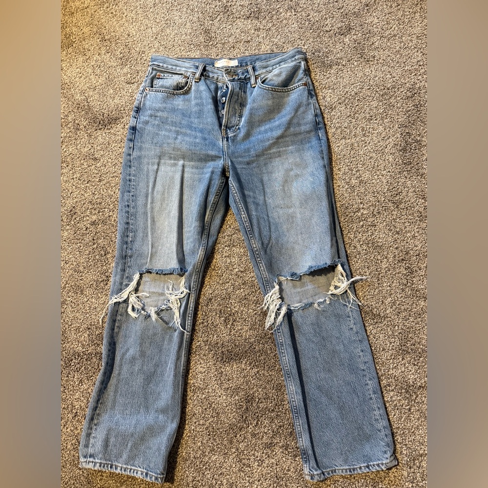Topshop Light Blue Distressed Straight Leg Jeans